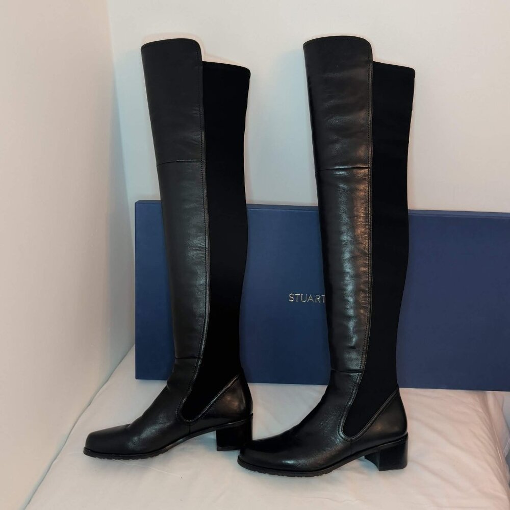 Stuart Weitzman Lynelle Black Leather and Neoprene Over-The-Knee Boots - Picture 3 of 11